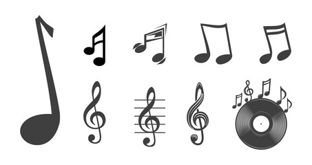 Assorted musical notes and symbols in a row, originally vector graphics for scalable design