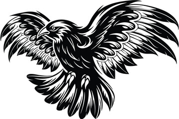 Aggressive eagle soars with outstretched wings, depicted in striking black and white monochromatic artwork