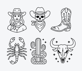 Black and white line art illustrations of cowboy woman skull cowboy boot scorpion cactus and bull skull