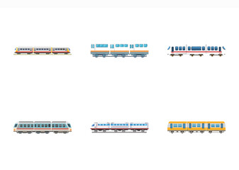 Diverse set of colorful train designs, various configurations and color schemes
