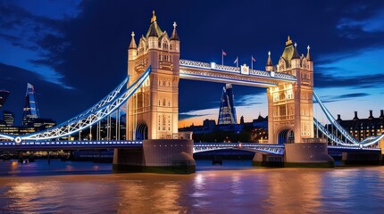 Illuminated tower bridge at night with city skyline and river reflecting lights in london england uk