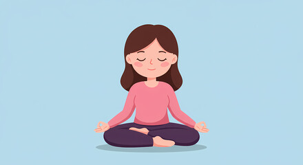 A cartoon woman meditates in a lotus position, eyes closed, on a blue background.