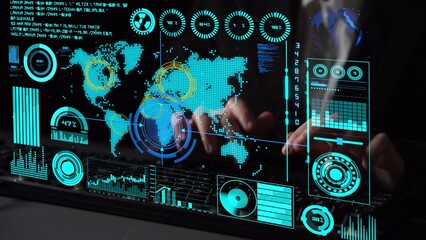 Fototapeta premium Connection network visualization showing global connection, network communication, digital connection analytic. Connect networks tool support real-time insight and improve connection system. Thunk