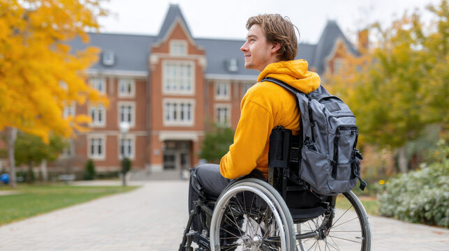 Student in wheelchair with backpack on college campus in autumn with yellow leaves and brick building