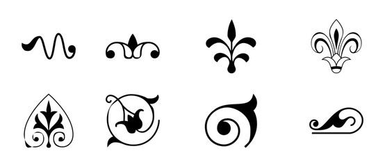 Elegant collection of eight vintage style decorative elements, ornaments, and flourishes in black