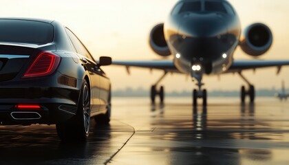 Elevated transport depicting a luxury vehicle parked next to a private jet reflecting in the light of an early morning