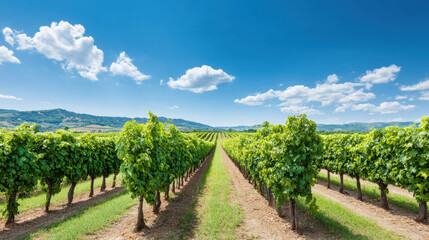 Naklejka premium Wide shot of vineyard with rows of grapevines under bright blue sky with scattered clouds and distant hills creating peaceful scene