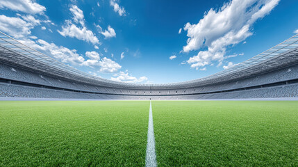 Wide shot of empty soccer stadium with perfect green field under bright blue sky with scattered clouds creating peaceful atmosphere
