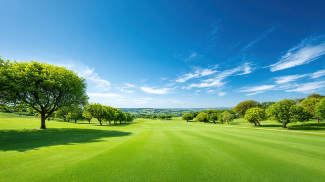 Wide shot of lush green golf course with scattered trees under bright blue sky with wispy clouds on sunny day - Powered by Adobe