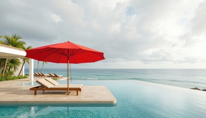 Fototapeta premium Luxury ocean view property with an infinity swimming pool, red beach umbrella, and lounge chairs under a cloudy sky