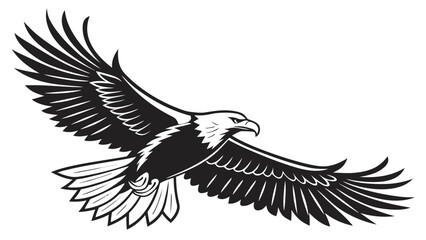 Fototapeta premium A black and white illustration of an eagle soaring with its wings spread wide against a white background space