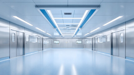 Obraz premium Empty clean hospital corridor with bright lighting and metallic walls creating sterile and calm atmosphere for medical use