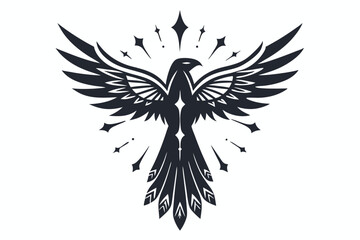 Black phoenix soars majestically with symbolic stars and detailed feathers in simple yet elegant style