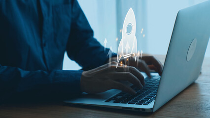 Startup launch and business growth concept, rocket symbolism, entrepreneurship, startup innovation,...