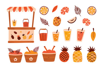 Tropical Drinks Stall: A vibrant illustration depicts a tropical drinks stall, featuring fresh pineapples, a variety of colorful fruit-infused beverages, and enticing fruit.