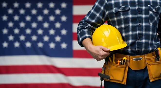Construction worker with hard hat and tool belt in front of USA flag