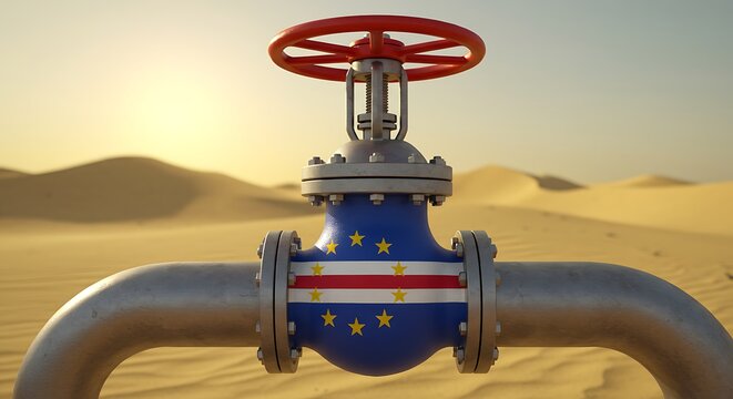 Industrial valve with the flag of cape verde on a pipeline in a desert landscape