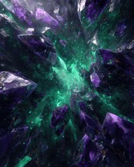 Abstract Crystal Explosion In Emerald And Purple Tones