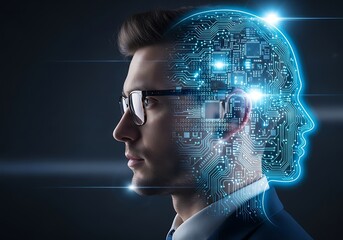 Obraz premium Artificial intelligence concept with mans profile and digital brain on a dark background in studio