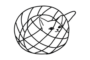 Cute cartoon cat peeking through a stylized globe grid