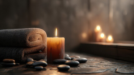 Spa Day: Rolled Towels, Candle, and Stones for a Calming Experience
