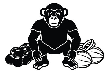 Chimpanzee sitting with fruits and nuts illustration