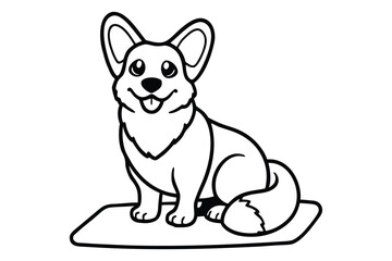 Cute cartoon welsh corgi dog sitting on a mat line art illustration