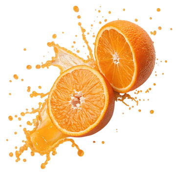 Orange halves with splashing juice isolated on transparent background