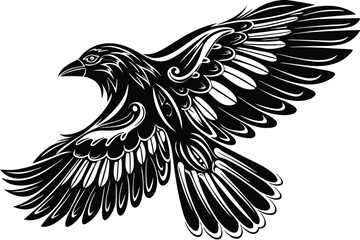 An ornate black raven with patterned wings soars majestically across a clear white sky