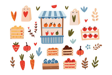 Fresh Market Stall: A vibrant illustration of a charming market stall, overflowing with a colorful array of fresh fruits and vegetables, evoking the feeling of a thriving local produce market.