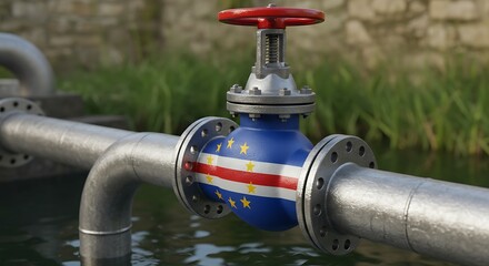 Obraz premium Industrial pipeline with valve painted with the flag of cabo verde in a natural water setting