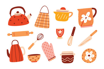 Kitchen Essentials Illustration: A collection of illustrated kitchen tools and cookware, exuding a handcrafted aesthetic with warm, inviting tones. 