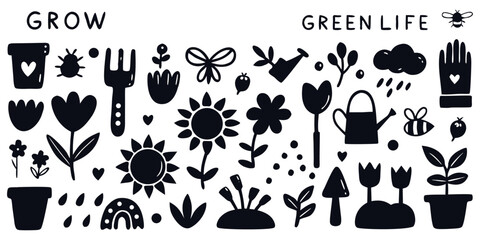 Naklejka premium Hand-drawn doodle gardening icon vector set with gardening elements like potted plants, watering cans, shovels, gloves, flowers, seeds, bees, and sun