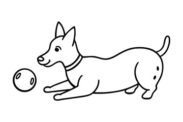 Cute cartoon dog playing with a ball in outline style