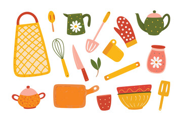 Kitchen Essentials Illustrated: A vibrant array of kitchen utensils and cookware, perfect for culinary projects, arranged in a charming illustration.