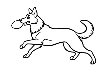 Line art illustration of a happy dog running with a ball in its mouth