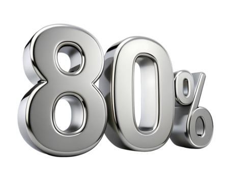 Bold silver 3 D eighty percent symbol with reflective surface isolated on a transparent background number