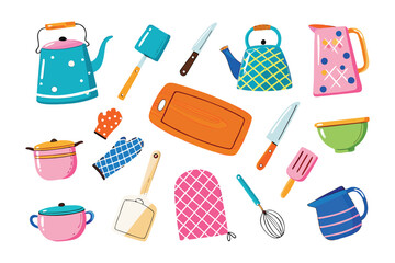 Kitchen Essential Icons: A vibrant collection of kitchen essentials, each depicted with a touch of playful artistry. These delightful graphics capture the essence of culinary tools.
