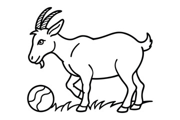 Line art illustration of a goat playing with a ball on grass