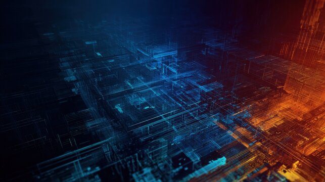 Futuristic abstract tech background scene wireframe structures and a gradient of deep space colors