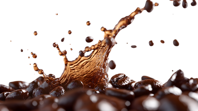 A splash of coffee is poured into a cup, with the coffee beans scattered around the rim. Concept of warmth and comfort, as coffee is a popular beverage for relaxation and socializing