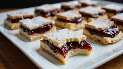 A delightful dessert platter featuring pastries filled with vibrant red jam, dusted with powdered sugar, arranged on a white rectangular plate