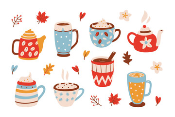 Aromatic Beverage Selection: Adorable illustrations of coffee and tea sets, cups, and teapots, all beautifully adorned with intricate details that ignite warmth.