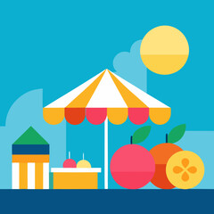 Summer beach scene with umbrella fruit and a colorful stand