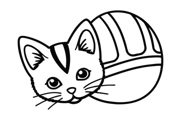Cute cartoon cat peeking out from behind a striped ball