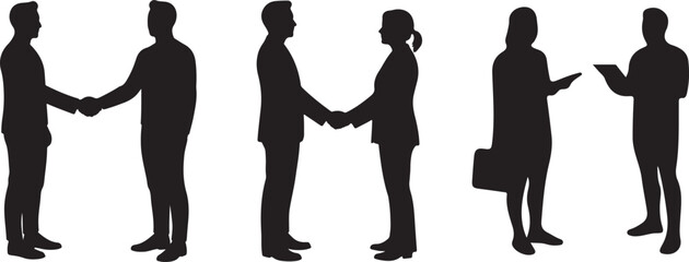 Man and Woman Silhouette Discussing Business Ideas – Vector Illustration, Silhouette of a confident man and woman engaged in business discussion. Minimalist vector style.