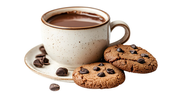 A white coffee cup with a chocolate chip cookie on top of it. The cup is filled with hot chocolate