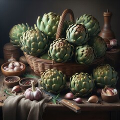 Fototapeta premium Still life with artichokes in a basket, garlic bulbs, wooden bowls with pepper, rosemary, knife and linen cloth on a wooden table, dark background. Rustic kitchen setting