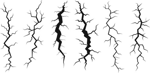 Ground cracks, vertical breaks on land surface isolated on white background. Vector illustration
