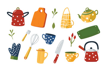 Culinary Collection: A delightful assortment of kitchen essentials, including a vibrant teapot, whisk, cutting board, and more. This array of tools evokes a sense of culinary creativity.